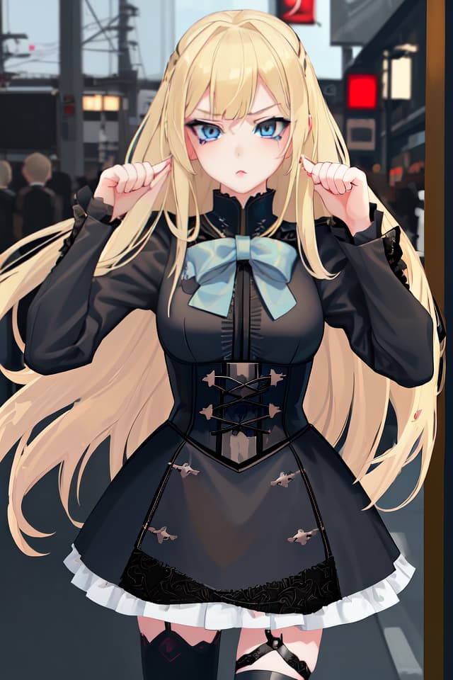  Beautiful girl,Masterpiece ((blonde hair,blue eyes)) military style gothic lolita fashion,tsundere face,in front of Shibuya station,high quality,8K,16k