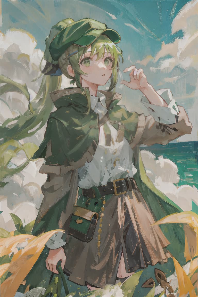  master piece , best quality,Green hair, ponytail, brown hat, hunter, bowman, olive cape