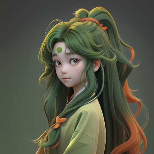  A girl with long hair curl leaves green and orange