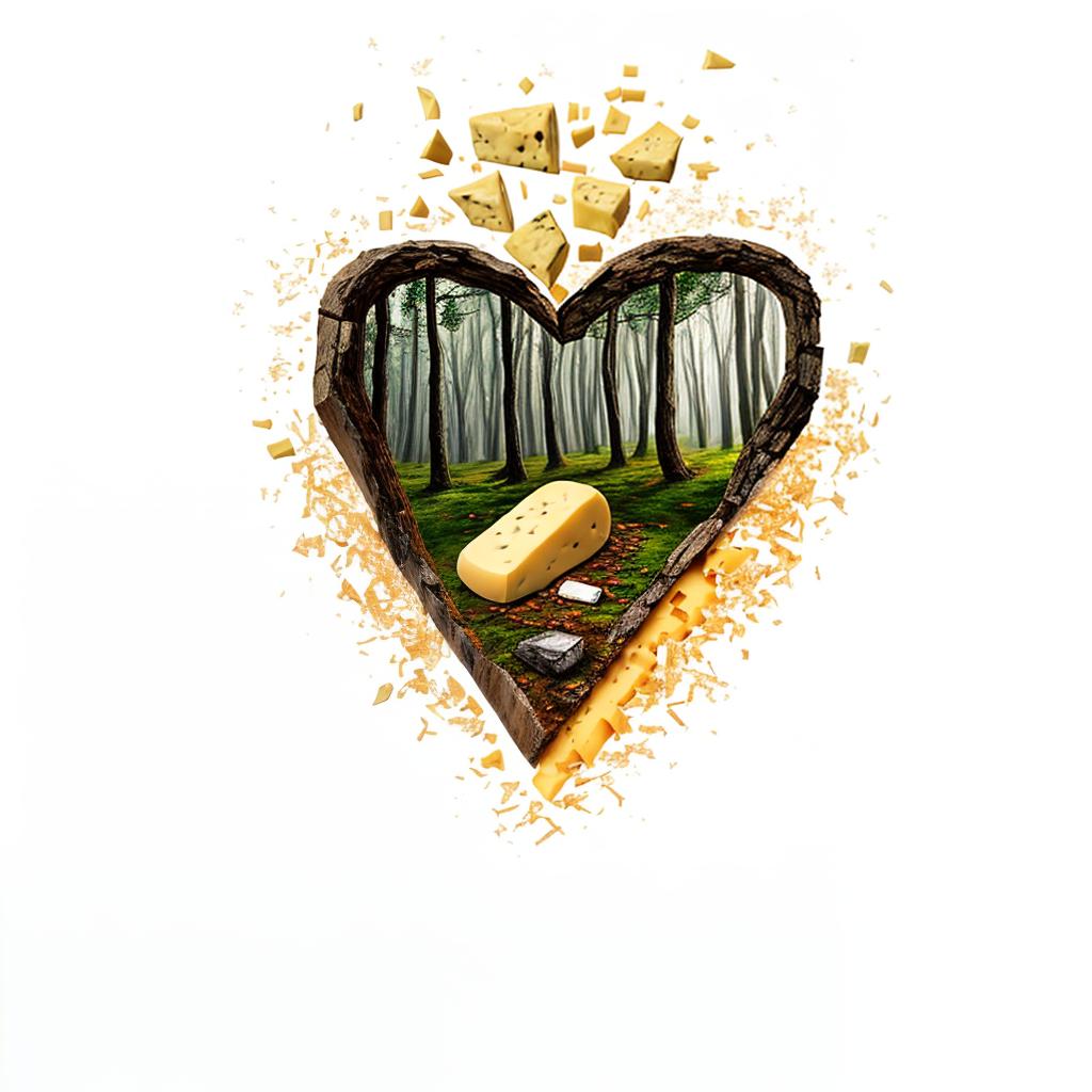  a hearth builded as cheese, in fantasy rich forrest background, best quality, masterpiece