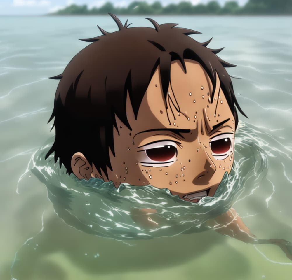  tanned luffy drowning in the water