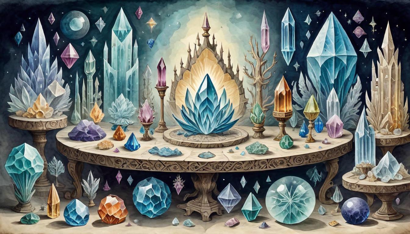  on parchment, surrealism+++, Table filled with a variety of crystals, each one emitting faint ethereal light, arranged in intricate patterns, cosmic, serene, radiant(mysterious, provocative, symbolic,muted color)+++