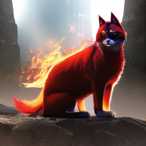  cat, dog, wolf, Angel of fire, red hair, glowing eyes, toga, fire, haze, heat, pretty, realistic lighting, detailed, red, hell, ultra hd, realistic, vivid colors, highly detailed, UHD drawing, pen and ink, perfect composition, beautiful detailed intricate insanely detailed octane render trending on artstation, 8k artistic photography, photorealistic concept art, soft natural volumetric cinematic perfect light