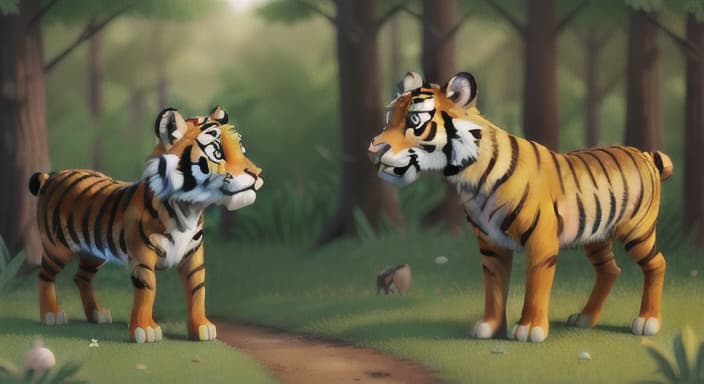  {The tiger and the deer are looking at each other with curiosity., The deer is small with delicate legs and a cautious expression.