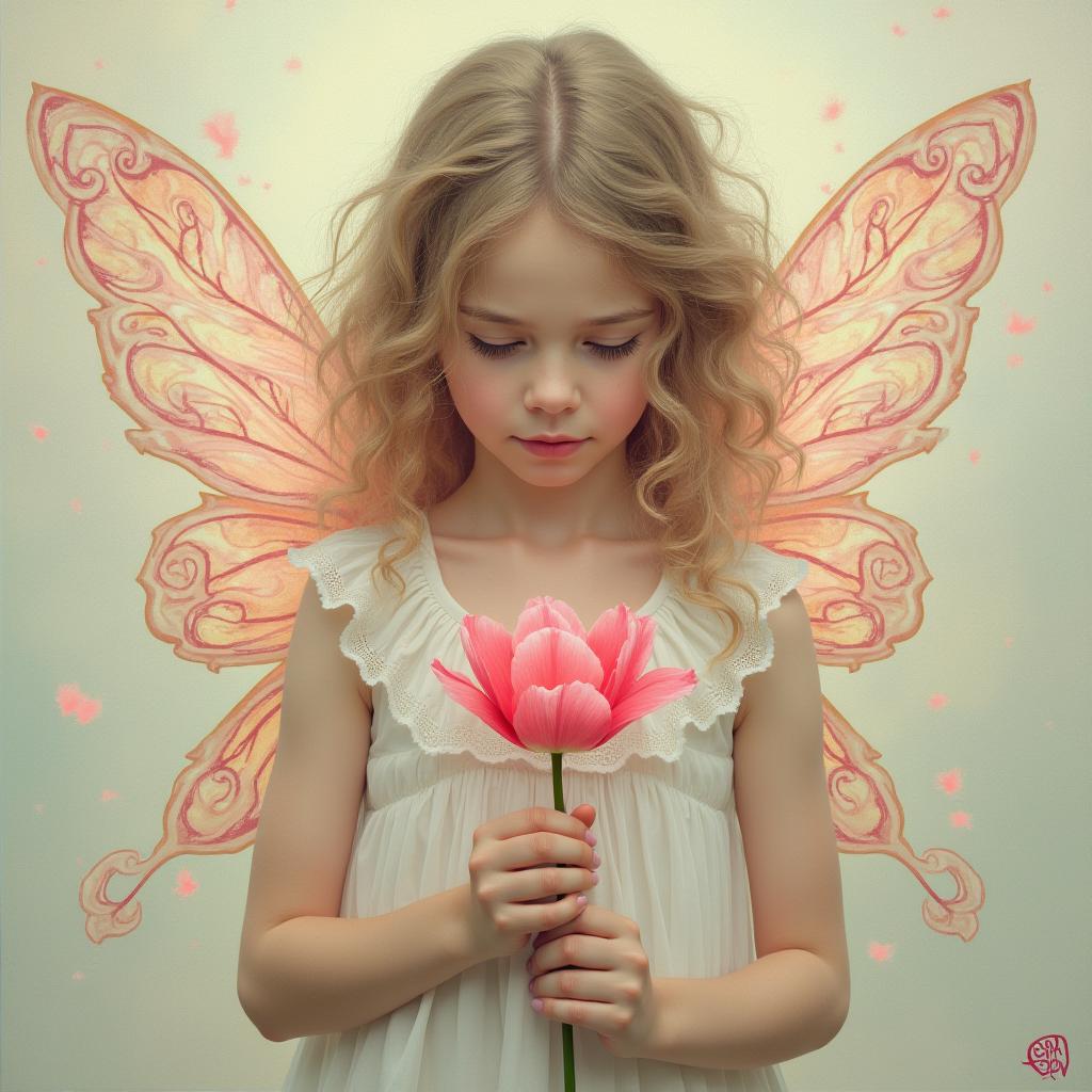  good quality, high quality, a young, ethereal girl, often interpreted as a fairy, delicately holding a pink tulip. her gossamer wings, rendered with iridescent strokes, blend seamlessly with swirling, art nouveau inspired patterns. these patterns create a sense of movement and energy, symbolizing the flow of life or magic. the girl's downcast gaze and gentle expression convey a sense of innocence and quiet contemplation, further emphasized by the soft, pastel palette. the hyperrealistic tulips, with vibrant pink hues, contrast with the girl's pale complexion, drawing the viewer's eye. the overall effect is of dreamlike serenity and ethereal beauty, inviting the viewer to lose themselves in this magical world