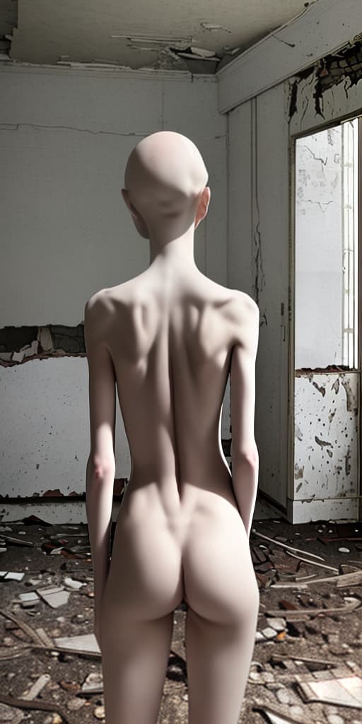  bald-girl, very thin, naked, with her back, in an abandoned place