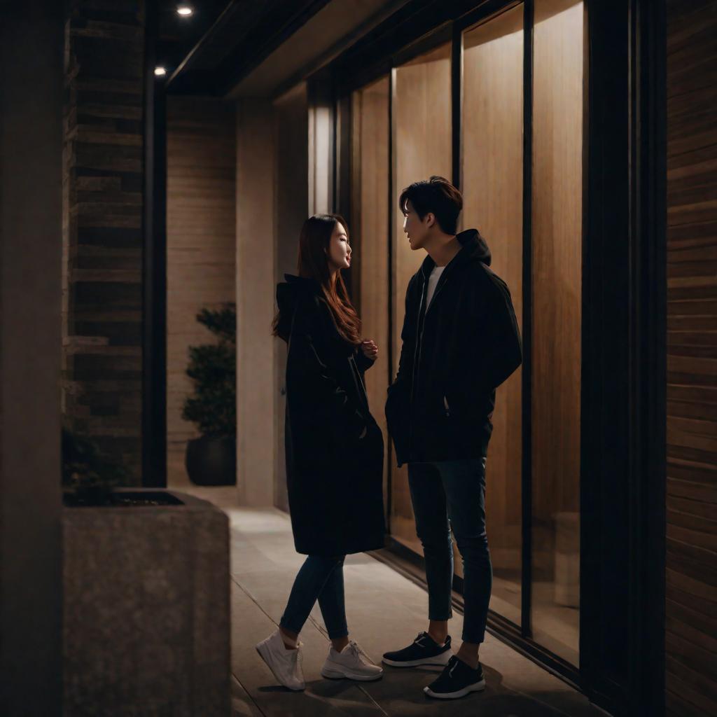  cinematic shot, a handsome korean man, in a black hoodie, and a beautiful korean girl with long hair, talking near the door to an apartment, night, dim light, hyperrealistic, cute, hyper detail, full HD hyperrealistic, full body, detailed clothing, highly detailed, cinematic lighting, stunningly beautiful, intricate, sharp focus, f/1. 8, 85mm, (centered image composition), (professionally color graded), ((bright soft diffused light)), volumetric fog, trending on instagram, trending on tumblr, HDR 4K, 8K