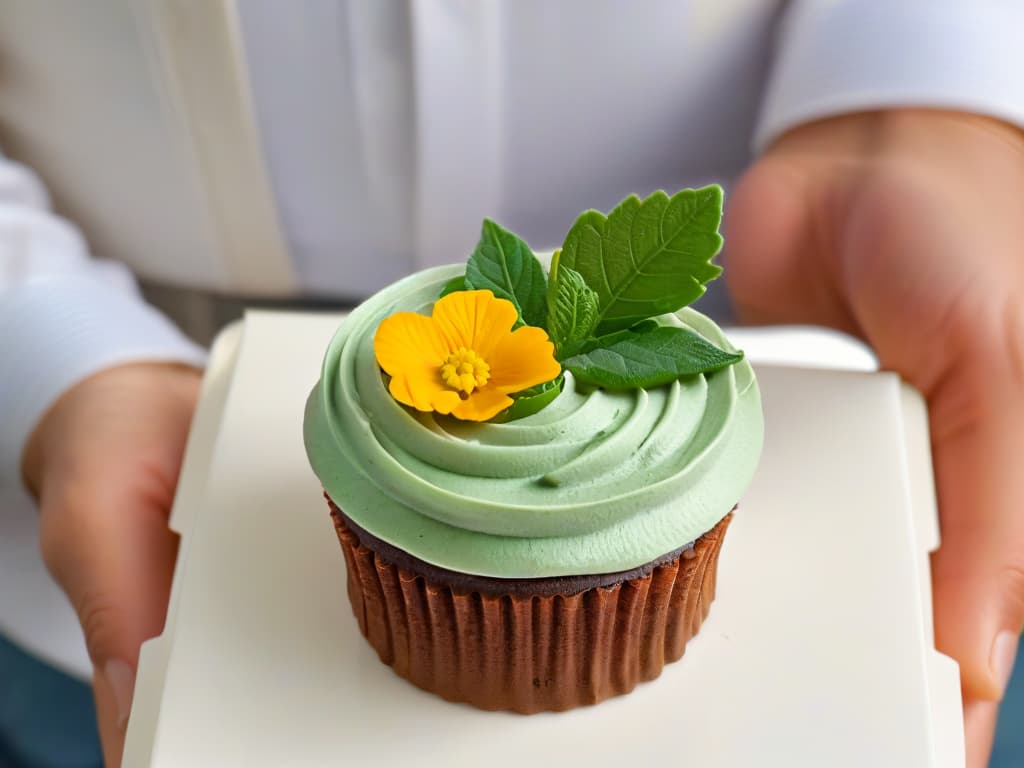  A closeup, ultradetailed image of a hand holding a delicate, intricately decorated cupcake with vibrant green edible leaves and small edible flowers on top. The background is softly blurred to keep the focus on the perfectly crafted dessert, showcasing the artistry and creativity in sustainable baking practices. hyperrealistic, full body, detailed clothing, highly detailed, cinematic lighting, stunningly beautiful, intricate, sharp focus, f/1. 8, 85mm, (centered image composition), (professionally color graded), ((bright soft diffused light)), volumetric fog, trending on instagram, trending on tumblr, HDR 4K, 8K