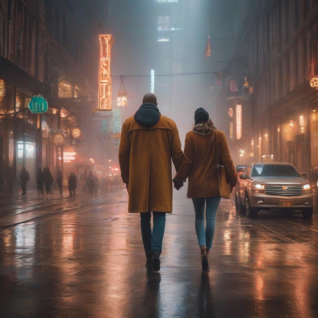  2 people are walking across the street holding hands. hyperrealistic, full body, detailed clothing, highly detailed, cinematic lighting, stunningly beautiful, intricate, sharp focus, f/1. 8, 85mm, (centered image composition), (professionally color graded), ((bright soft diffused light)), volumetric fog, trending on instagram, trending on tumblr, HDR 4K, 8K