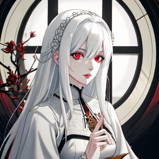  a girl manhua character with white hair and red eyes with white skin wearing noble dress and siting on the throne hyperrealistic, full body, detailed clothing, highly detailed, cinematic lighting, stunningly beautiful, intricate, sharp focus, f/1. 8, 85mm, (centered image composition), (professionally color graded), ((bright soft diffused light)), volumetric fog, trending on instagram, trending on tumblr, HDR 4K, 8K