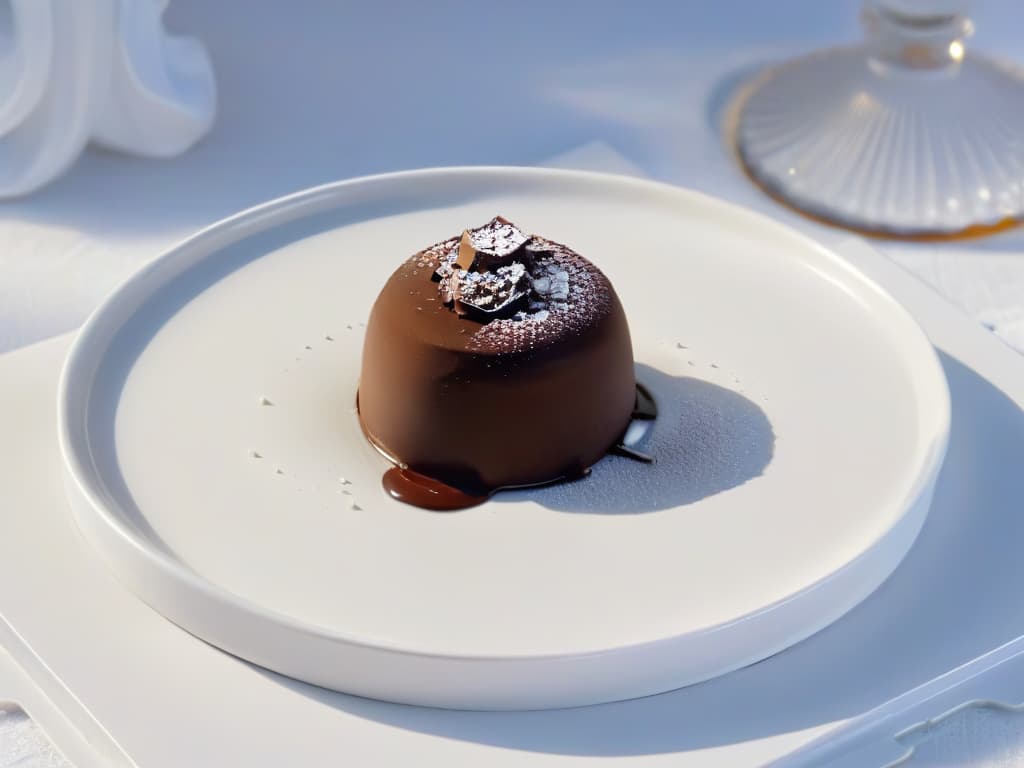  A closeup, ultradetailed image of a single elegant, glossy chocolate truffle resting on a pristine white porcelain plate. The truffle is perfectly spherical with a smooth surface, reflecting soft, diffused light that highlights its rich, dark cocoa color. The plate contrasts starkly against the dessert, emphasizing the simplicity and elegance of the minimalistic design. hyperrealistic, full body, detailed clothing, highly detailed, cinematic lighting, stunningly beautiful, intricate, sharp focus, f/1. 8, 85mm, (centered image composition), (professionally color graded), ((bright soft diffused light)), volumetric fog, trending on instagram, trending on tumblr, HDR 4K, 8K