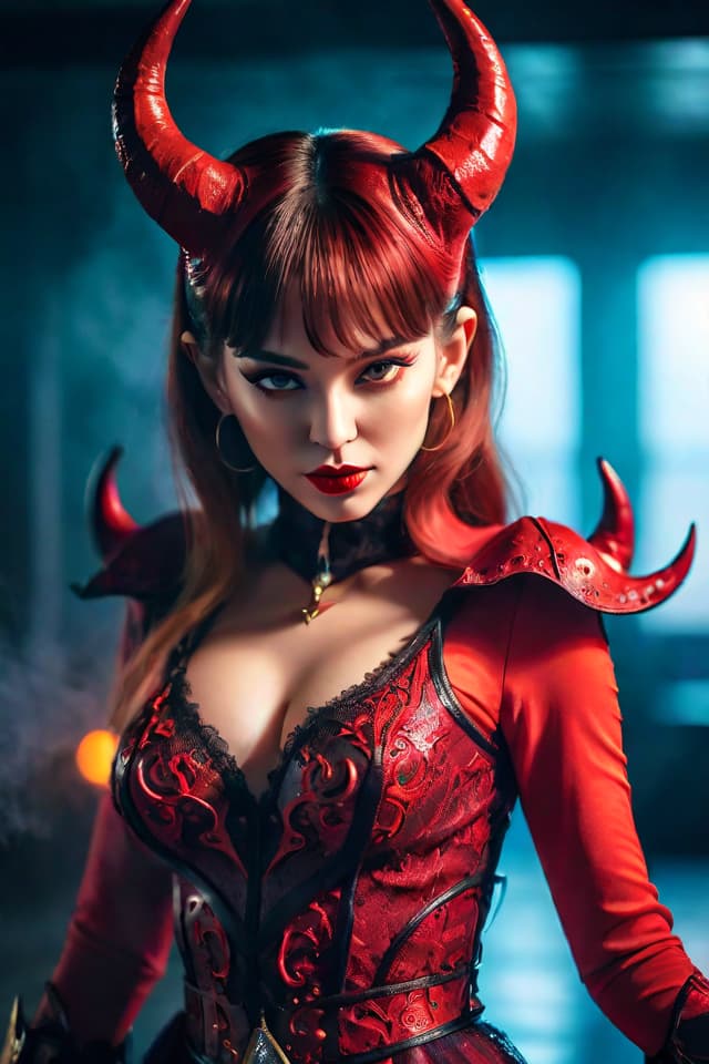 A beautiful sensual devil woman hyperrealistic, full body, detailed clothing, highly detailed, cinematic lighting, stunningly beautiful, intricate, sharp focus, f/1. 8, 85mm, (centered image composition), (professionally color graded), ((bright soft diffused light)), volumetric fog, trending on instagram, trending on tumblr, HDR 4K, 8K
