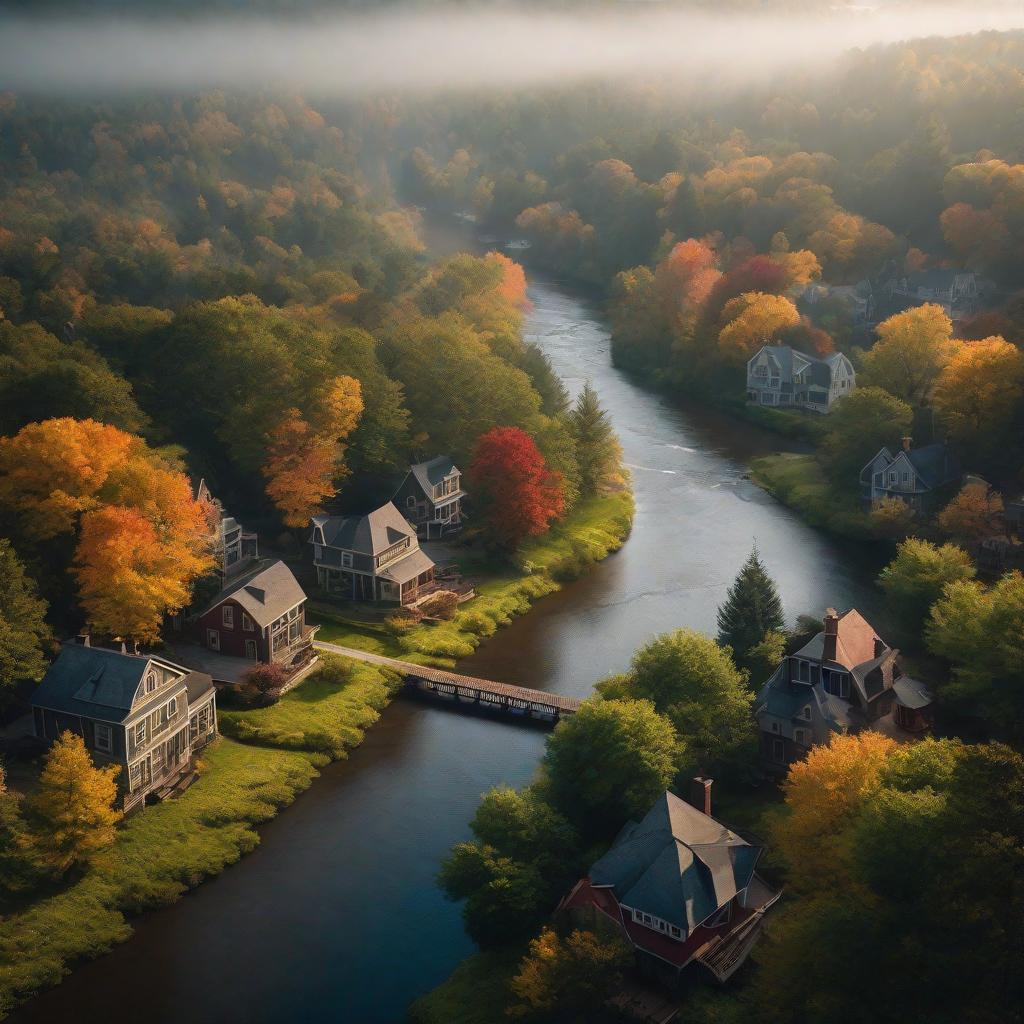  create a small mixed city in America. Which has small houses, a forest and a river. hyperrealistic, full body, detailed clothing, highly detailed, cinematic lighting, stunningly beautiful, intricate, sharp focus, f/1. 8, 85mm, (centered image composition), (professionally color graded), ((bright soft diffused light)), volumetric fog, trending on instagram, trending on tumblr, HDR 4K, 8K