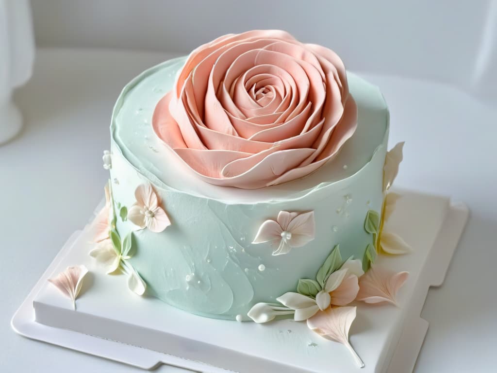  A closeup, ultradetailed photograph of a sculpted fondant rose on a cake, showcasing intricate layers and delicate petal textures in shades of pastel pink and white. The light subtly catches the glistening surface of the fondant, highlighting the skillful craftsmanship and attention to detail in this advanced cake decorating technique. hyperrealistic, full body, detailed clothing, highly detailed, cinematic lighting, stunningly beautiful, intricate, sharp focus, f/1. 8, 85mm, (centered image composition), (professionally color graded), ((bright soft diffused light)), volumetric fog, trending on instagram, trending on tumblr, HDR 4K, 8K