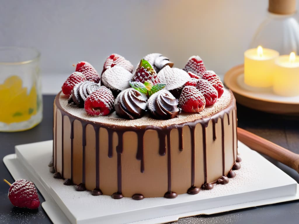  An ultradetailed, minimalistic image of a decadent threelayer chocolate cake topped with a dusting of powdered maca root, surrounded by fresh raspberries and mint leaves on a sleek white plate. The cake is perfectly sliced to reveal its rich, moist interior, showcasing layers of chocolate ganache and macainfused cream. The lighting is soft, casting a gentle glow on the glossy surface of the cake, highlighting its intricate textures and inviting presentation. This mouthwatering image captures the essence of indulgence and elegance, enticing readers to explore the healthy benefits of maca in their baking endeavors. hyperrealistic, full body, detailed clothing, highly detailed, cinematic lighting, stunningly beautiful, intricate, sharp focus, f/1. 8, 85mm, (centered image composition), (professionally color graded), ((bright soft diffused light)), volumetric fog, trending on instagram, trending on tumblr, HDR 4K, 8K