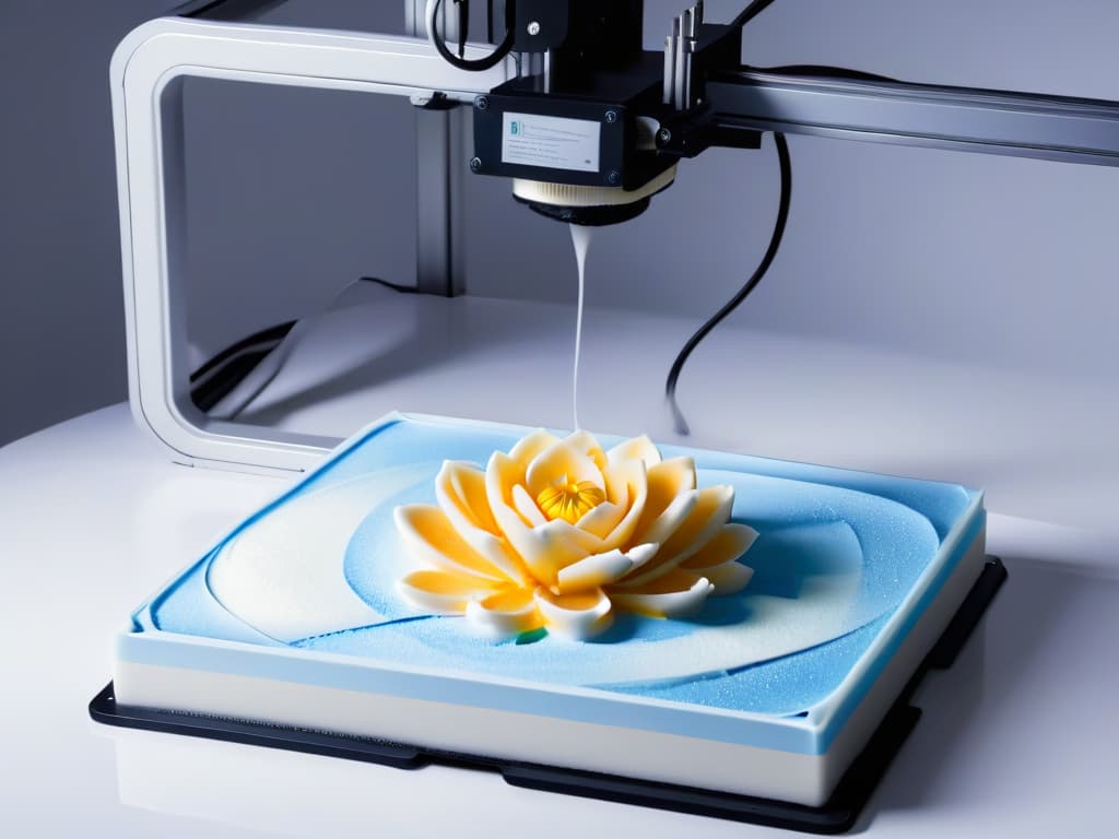  A highresolution, 8k ultradetailed image of a sleek, modern 3D printer in action creating a intricate and visually stunning dessert. The 3D printer is set against a clean, white background to highlight the precision and sophistication of the technology used in creating 3D printed desserts. The dessert being printed is a delicate and elaborate sugar sculpture in the shape of a blooming flower, showcasing the artistry and creativity that can be achieved through 3D printing in the world of desserts. hyperrealistic, full body, detailed clothing, highly detailed, cinematic lighting, stunningly beautiful, intricate, sharp focus, f/1. 8, 85mm, (centered image composition), (professionally color graded), ((bright soft diffused light)), volumetric fog, trending on instagram, trending on tumblr, HDR 4K, 8K