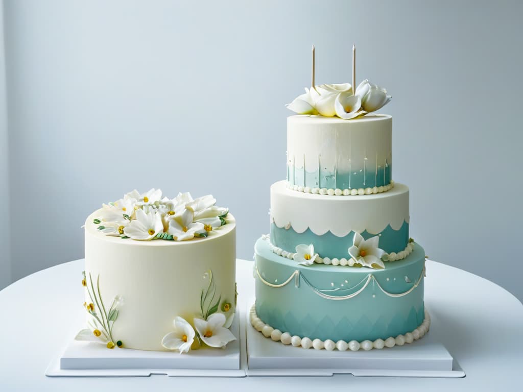  A minimalist image of two elegantly decorated cakes side by side on a pristine white background. One cake is a multitiered wedding cake adorned with intricate floral designs, while the other is a modern singletier cake with geometric patterns. The cakes are beautifully lit, showcasing their details and textures, and there are no distractions in the background, emphasizing the artistry of the pastry creations. hyperrealistic, full body, detailed clothing, highly detailed, cinematic lighting, stunningly beautiful, intricate, sharp focus, f/1. 8, 85mm, (centered image composition), (professionally color graded), ((bright soft diffused light)), volumetric fog, trending on instagram, trending on tumblr, HDR 4K, 8K