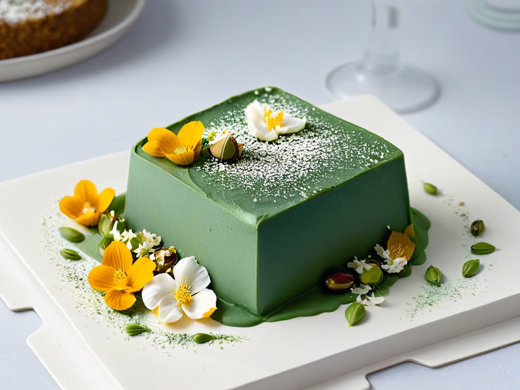  An ultradetailed closeup image of a vibrant green spirulinainfused cheesecake slice beautifully garnished with delicate edible flowers, pistachio crumbs, and a swirl of coconut cream on a sleek, modern ceramic plate. The dessert is artfully presented on a dark, minimalist backdrop to highlight its exquisite textures and colors, showcasing the creative potential of incorporating spirulina into decadent sweets for a visually stunning and appetizing culinary experience. hyperrealistic, full body, detailed clothing, highly detailed, cinematic lighting, stunningly beautiful, intricate, sharp focus, f/1. 8, 85mm, (centered image composition), (professionally color graded), ((bright soft diffused light)), volumetric fog, trending on instagram, trending on tumblr, HDR 4K, 8K