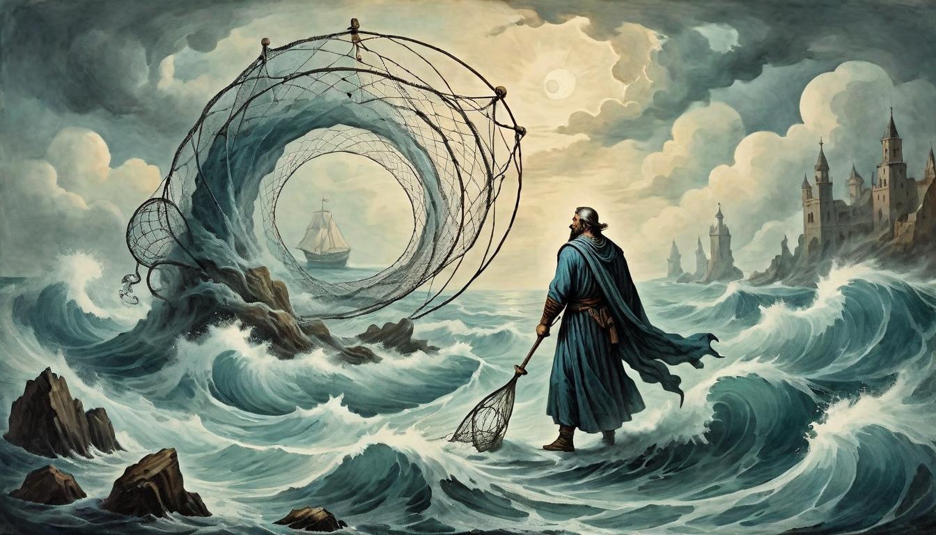  on parchment, surrealism+++, A stoic figure casting a net into a turbulent sea, embodying hesitation and eventual acceptance of destiny, the reluctant hero(mysterious, provocative, symbolic,muted color)+++