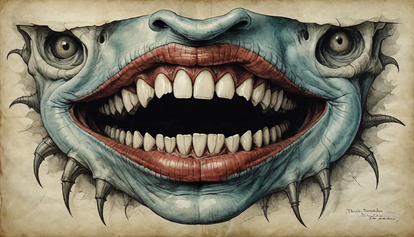  on parchment, surrealism+++, Close up of a mouth with sharp, irregular teeth, teeth shifting and morphing, disturbing, surreal(mysterious, provocative, symbolic,muted color)+++