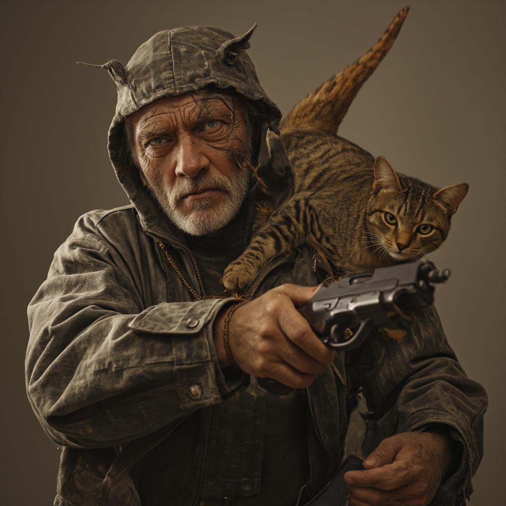  good quality, high quality, a cat with human with gun