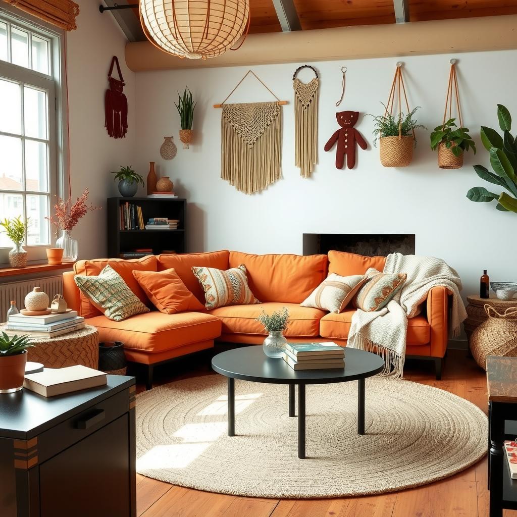  vibrant boho living room adorned with eclectic accessories, featuring textured throw pillows in warm colors, macramé wall hangings, a woven area rug, indoor plants, and a mix of vintage and modern decor pieces. create a cozy and inviting atmosphere that showcases the essence of bohemian design.,