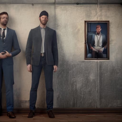 redshift style A handsome man in his thirties stands with his back resting on a smiling young man in his twenties. Behind them is a wall hung with pictures of crimes and a police station.