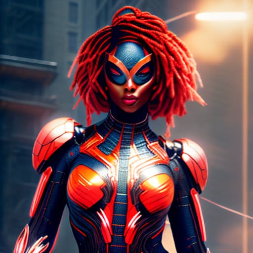 mdjrny-v4 style African American woman dressed as Spider Woman Vibrant Color Explosions, Pastel Palette, High Resolution, HDR Masterpieces, Vivid Color Vibrancy, HDR Landscapes, Cinematic Quality hyperrealistic, full body, detailed clothing, highly detailed, cinematic lighting, stunningly beautiful, intricate, sharp focus, f/1. 8, 85mm, (centered image composition), (professionally color graded), ((bright soft diffused light)), volumetric fog, trending on instagram, trending on tumblr, HDR 4K, 8K