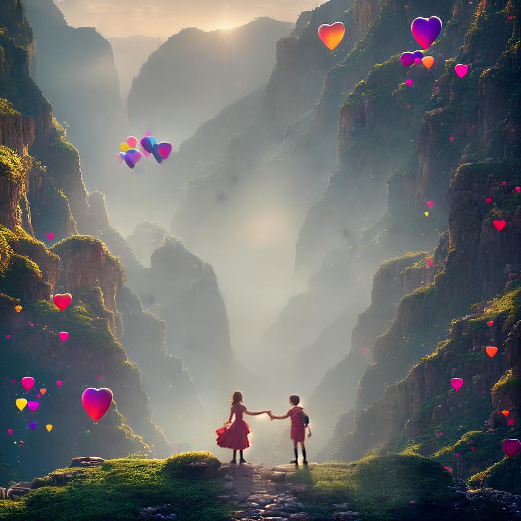  ((masterpiece)),(((best quality))), 8k, high detailed, ultra-detailed. A girl and boy holding hands looking into each other's eyes, high contrast and glossy, cute and funny cartoon style, (sparkles surrounding them), (heart-shaped balloons flying in the background), (vibrant colors), (rainbow in the sky). hyperrealistic, full body, detailed clothing, highly detailed, cinematic lighting, stunningly beautiful, intricate, sharp focus, f/1. 8, 85mm, (centered image composition), (professionally color graded), ((bright soft diffused light)), volumetric fog, trending on instagram, trending on tumblr, HDR 4K, 8K