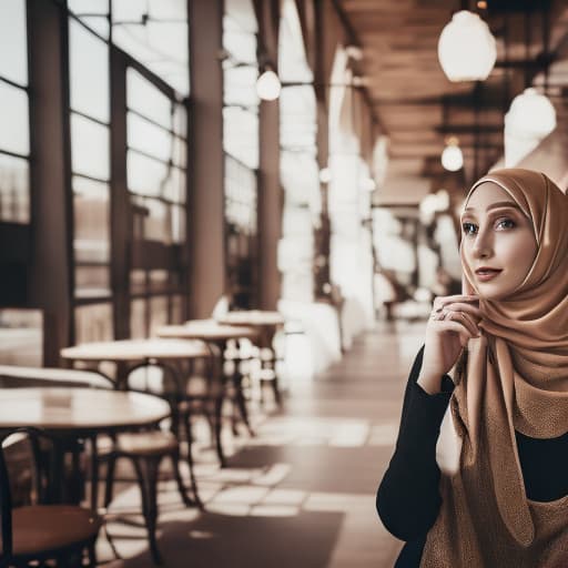 portrait+ style beauty hijab girl in coffee shop, realistik, photography, 8k