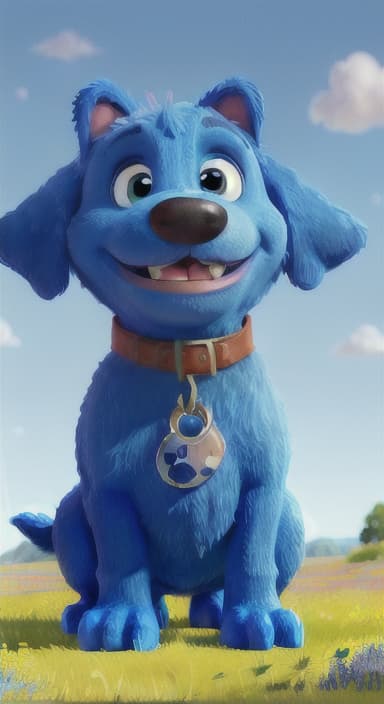  {A happy, big blue dog wagging its tail in a colorful meadow, The big blue dog is large with sky blue fur, big round eyes, a black nose, and floppy ears.