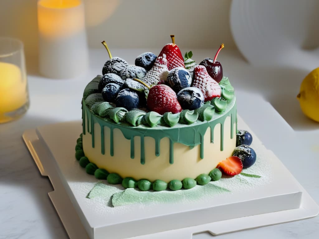  A highresolution image of a sleek, modern smartphone placed on a marble countertop, showcasing a beautifully decorated cake with intricate frosting designs and vibrant fruit toppings. The phone's screen displays a photography app open, with editing tools visible and a perfectly captured closeup shot of the dessert. The background is softly blurred to emphasize the main subject, highlighting the seamless integration of photography and baking. hyperrealistic, full body, detailed clothing, highly detailed, cinematic lighting, stunningly beautiful, intricate, sharp focus, f/1. 8, 85mm, (centered image composition), (professionally color graded), ((bright soft diffused light)), volumetric fog, trending on instagram, trending on tumblr, HDR 4K, 8K