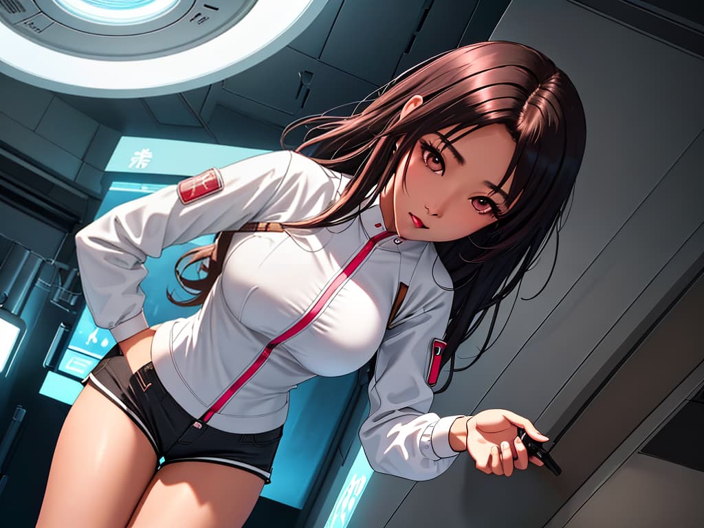  image: masterpiece, high quality, semi realistic anime, (professionally color graded), detailed clothing, highly detailed, cinematic lighting, perfect face, perfect body, 8k, HD, ((one beautiful asian woman)), slim waist, slim build, ((huge firm round s)), normal hips, medium sized round , fit, tanned, long dark neon hair, view: dynamic view, single view , location: sci fi interior love hotel in the city at night, clothing: sci fi lingirie, short shorts, mostly , pose: on with mouth open, top view