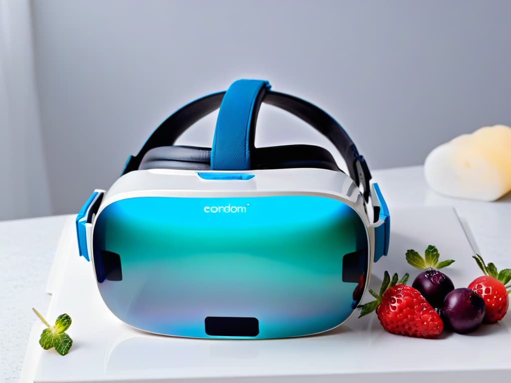  An ultradetailed, minimalist image depicting a sleek, futuristic virtual reality headset resting on a pristine marble countertop, surrounded by a scattering of vibrant, freshly picked berries and delicate sprigs of fresh mint. The headset's reflective surface captures the soft glow of ambient lighting, emphasizing its cuttingedge design and hinting at the innovative technology awaiting those who delve into the world of virtual reality in modern pastrymaking. hyperrealistic, full body, detailed clothing, highly detailed, cinematic lighting, stunningly beautiful, intricate, sharp focus, f/1. 8, 85mm, (centered image composition), (professionally color graded), ((bright soft diffused light)), volumetric fog, trending on instagram, trending on tumblr, HDR 4K, 8K