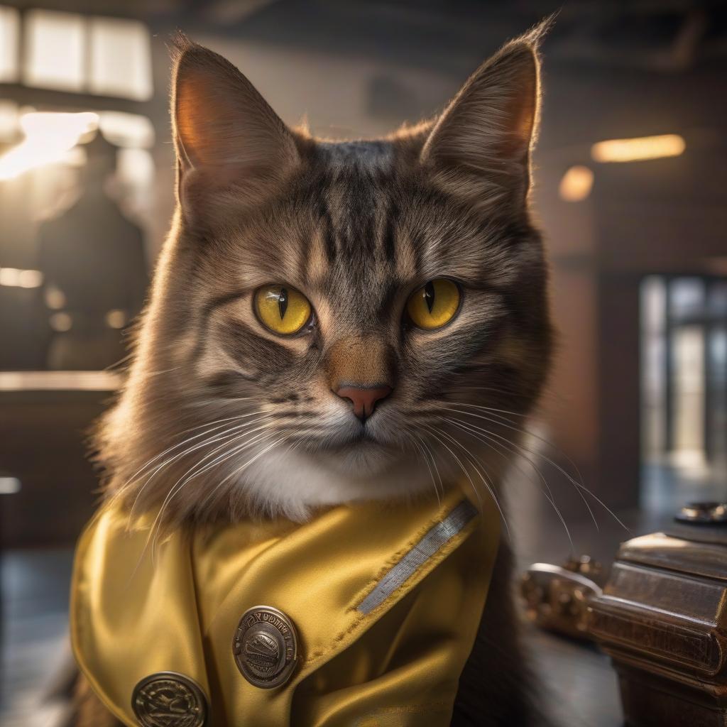  Breathtaking (best quality, masterpiece, detail, 8k) Raw, realistic cinematic photo, Big pumped up cat in a police uniform , police station, sultry yellow eyes, slit pupil, Mesmerizing (Shining aura:1.2), shot from a dynamic angle, (an award winning masterpiece, professional, HDR) hyperrealistic, full body, detailed clothing, highly detailed, cinematic lighting, stunningly beautiful, intricate, sharp focus, f/1. 8, 85mm, (centered image composition), (professionally color graded), ((bright soft diffused light)), volumetric fog, trending on instagram, trending on tumblr, HDR 4K, 8K