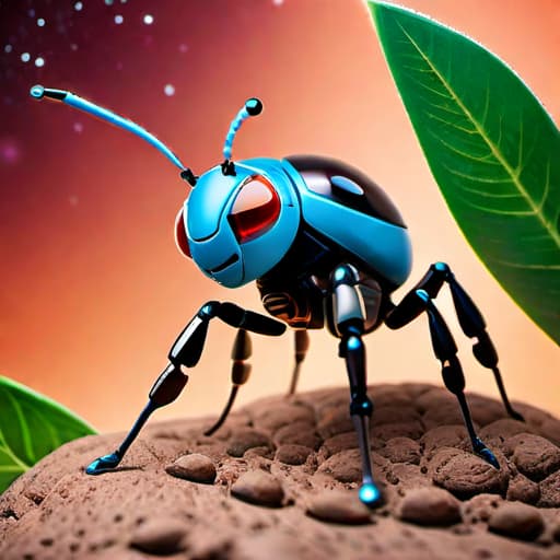  in a product photography style, Create an image featuring a robotic ant adorned in space-themed attire within a brightly illuminated environment, evoking a sense of exploration and futuristic technology.