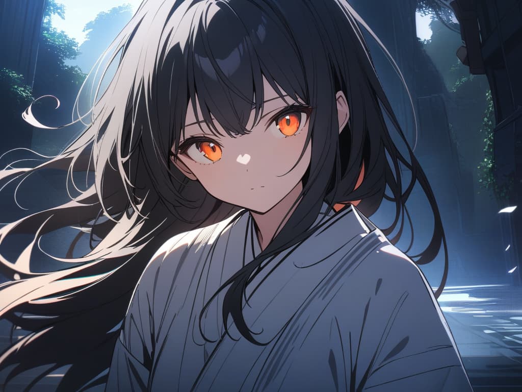  (Masterpiece: 1.2), (Best Quality: 1.2), Detailed Background, High Contrast, (CINEMAT) IC Light)), Hyper Detail, Dramatic Light, Intricate Details, 8k, Anime, VERY AESTHETIC, kimono, black hair, long hair, orange eyes, fleeting,, masterpiece, best quality,8k,ultra detailed,high resolution,an extremely delicate and beautiful,hyper detail