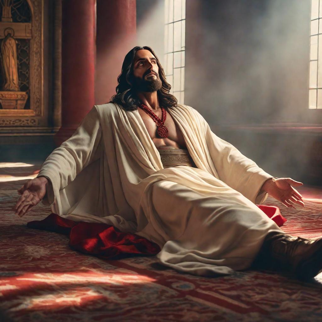  Jesus lying on the floor and Satan above him hyperrealistic, full body, detailed clothing, highly detailed, cinematic lighting, stunningly beautiful, intricate, sharp focus, f/1. 8, 85mm, (centered image composition), (professionally color graded), ((bright soft diffused light)), volumetric fog, trending on instagram, trending on tumblr, HDR 4K, 8K