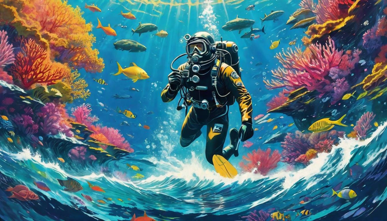  retro futuristic A diver beneath the waves, looking up to see the surface rippling away from reach, surrounded by sea life. Metaphor for vibrational drift, beneath surface calm, seeking connection. lvintage sci fi, 50s and 60s style, atomic age, vibrant, highly detailed