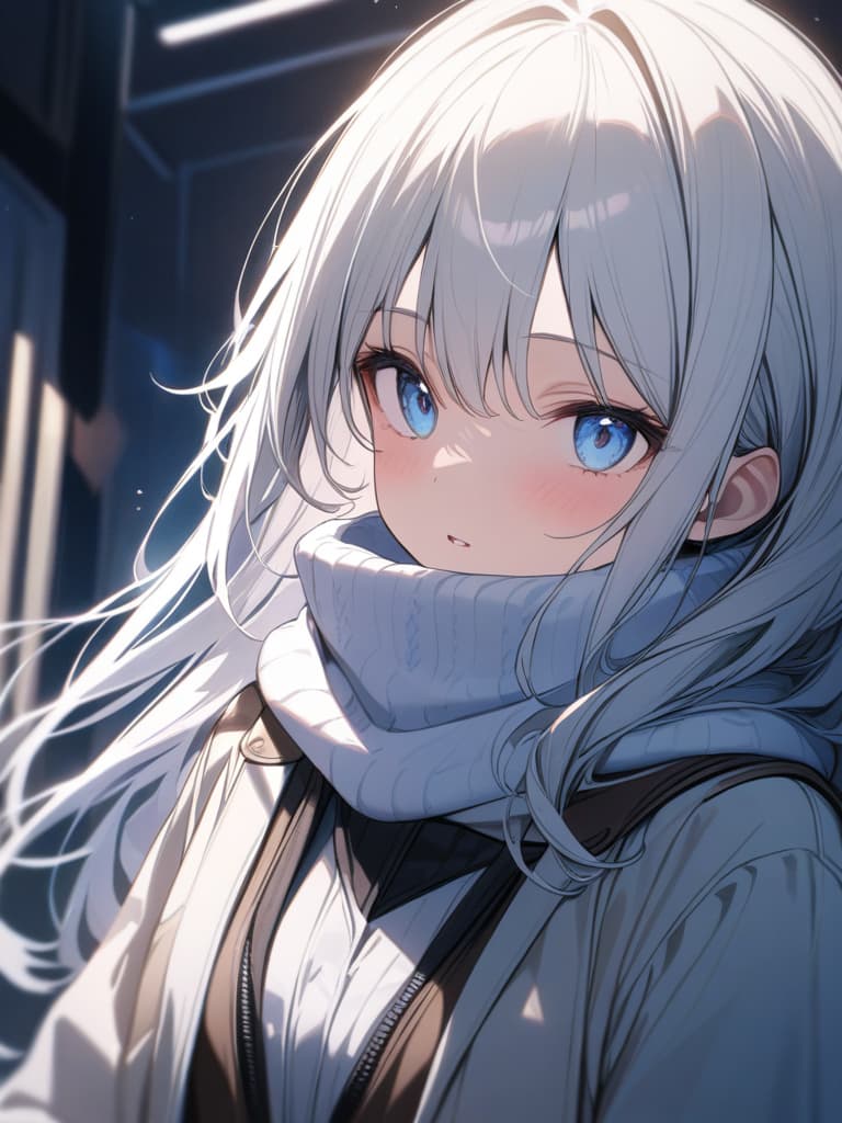  Beautiful, cute, white hair, blue eyes, uniform, muffler, masterpiece, best quality,8k,ultra detailed,high resolution,an extremely delicate and beautiful,hyper detail