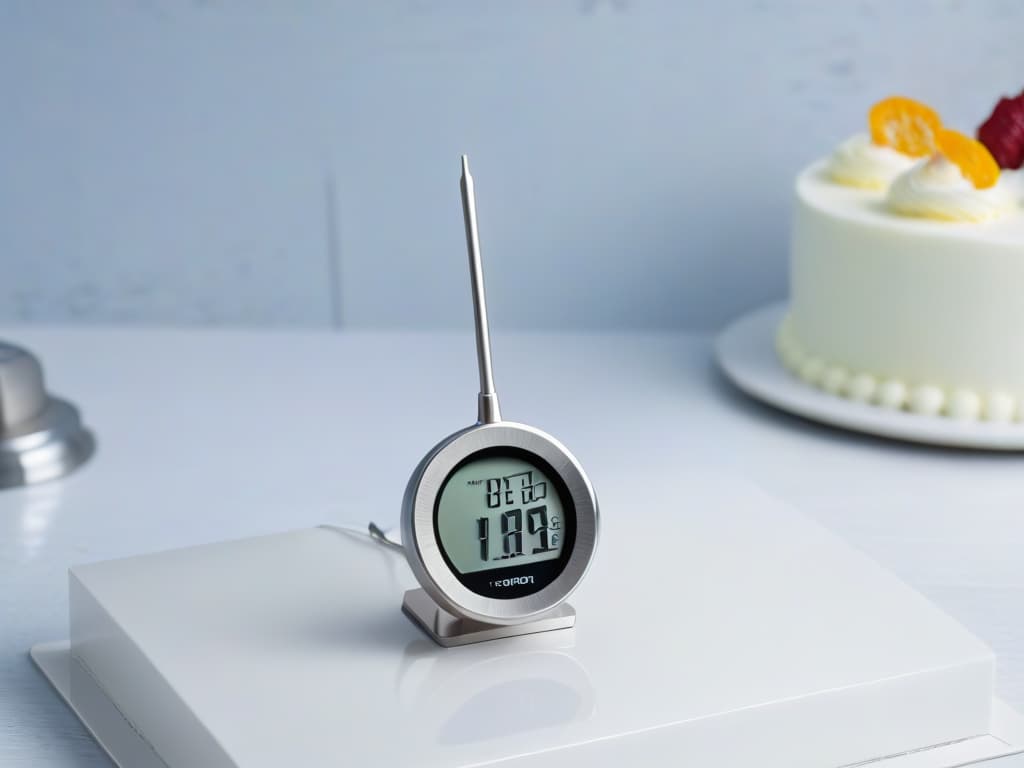  A closeup, ultradetailed image of a sleek, modern digital thermometer with a stainless steel probe, displaying a crisp digital temperature reading of precisely 120 degrees Fahrenheit. The background is a soft focus kitchen setting with hints of a beautifully crafted cake in the background, enhancing the professional and inspiring tone of the article. hyperrealistic, full body, detailed clothing, highly detailed, cinematic lighting, stunningly beautiful, intricate, sharp focus, f/1. 8, 85mm, (centered image composition), (professionally color graded), ((bright soft diffused light)), volumetric fog, trending on instagram, trending on tumblr, HDR 4K, 8K