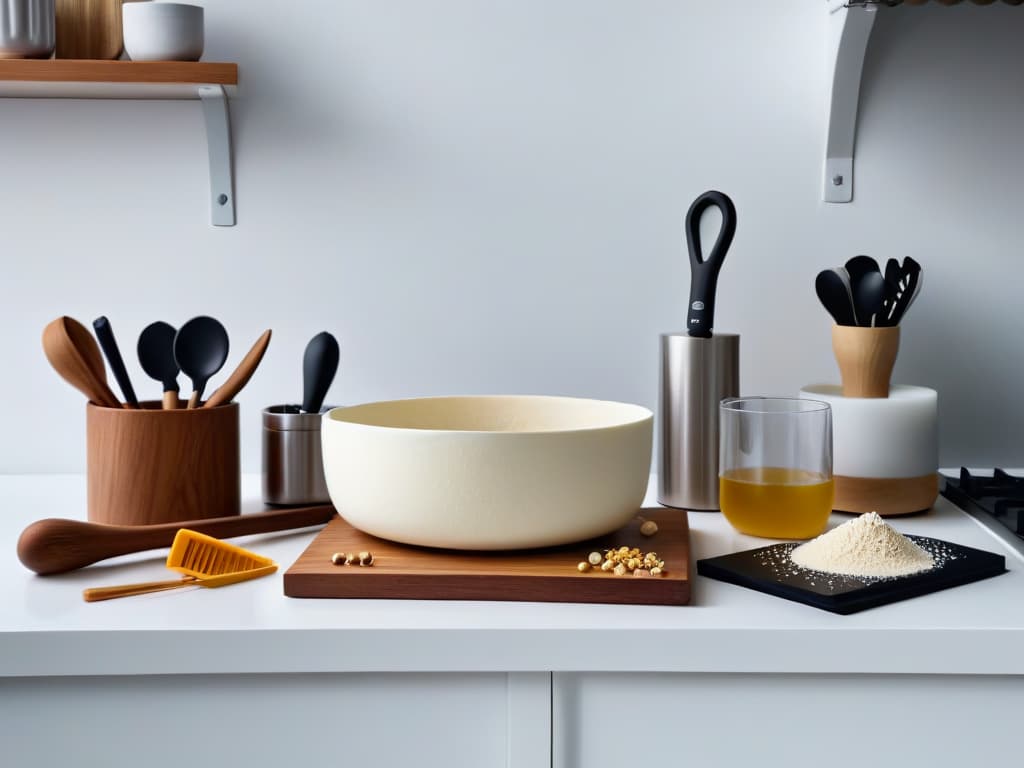  An ultradetailed closeup image of a sleek, modern kitchen countertop adorned with an array of highquality, minimalist vegan baking tools and utensils. The tools are neatly arranged and include a stainless steel whisk, a wooden rolling pin, a marble mortar and pestle, a set of measuring cups, and a sleek black silicone spatula. The soft, natural lighting highlights the clean lines and textures of the tools, creating a visually appealing and inspiring composition for vegan baking enthusiasts. hyperrealistic, full body, detailed clothing, highly detailed, cinematic lighting, stunningly beautiful, intricate, sharp focus, f/1. 8, 85mm, (centered image composition), (professionally color graded), ((bright soft diffused light)), volumetric fog, trending on instagram, trending on tumblr, HDR 4K, 8K