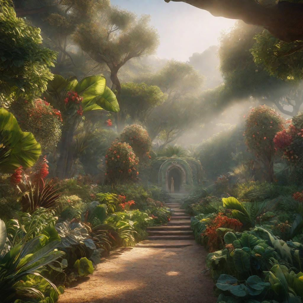  What does the garden of eden look like? hyperrealistic, full body, detailed clothing, highly detailed, cinematic lighting, stunningly beautiful, intricate, sharp focus, f/1. 8, 85mm, (centered image composition), (professionally color graded), ((bright soft diffused light)), volumetric fog, trending on instagram, trending on tumblr, HDR 4K, 8K