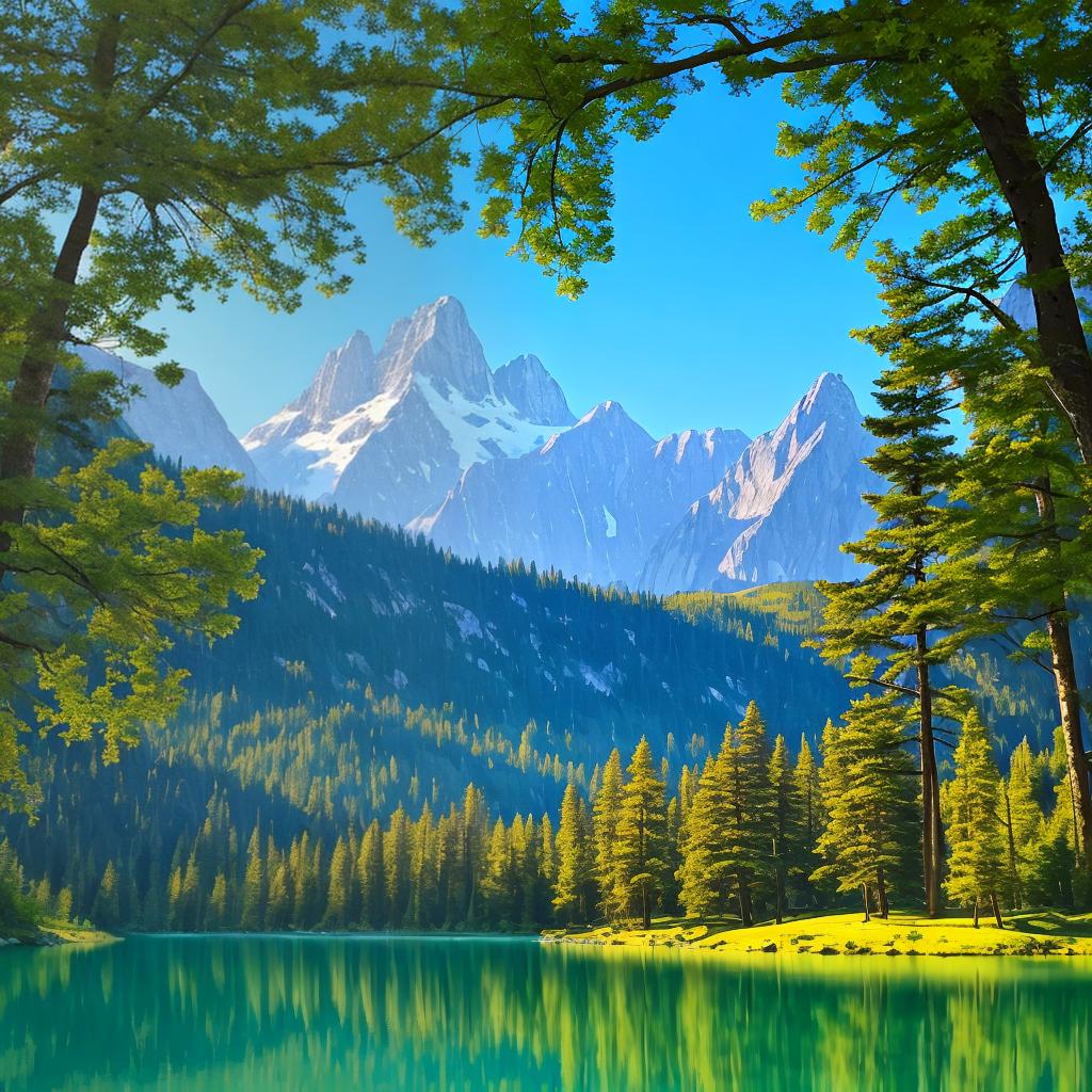  as a painting, Convey the serene majesty of towering mountains reflected in the crystal-clear waters of a tranquil alpine lake, using your unique artistic vision to evoke a sense of awe and tranquility.