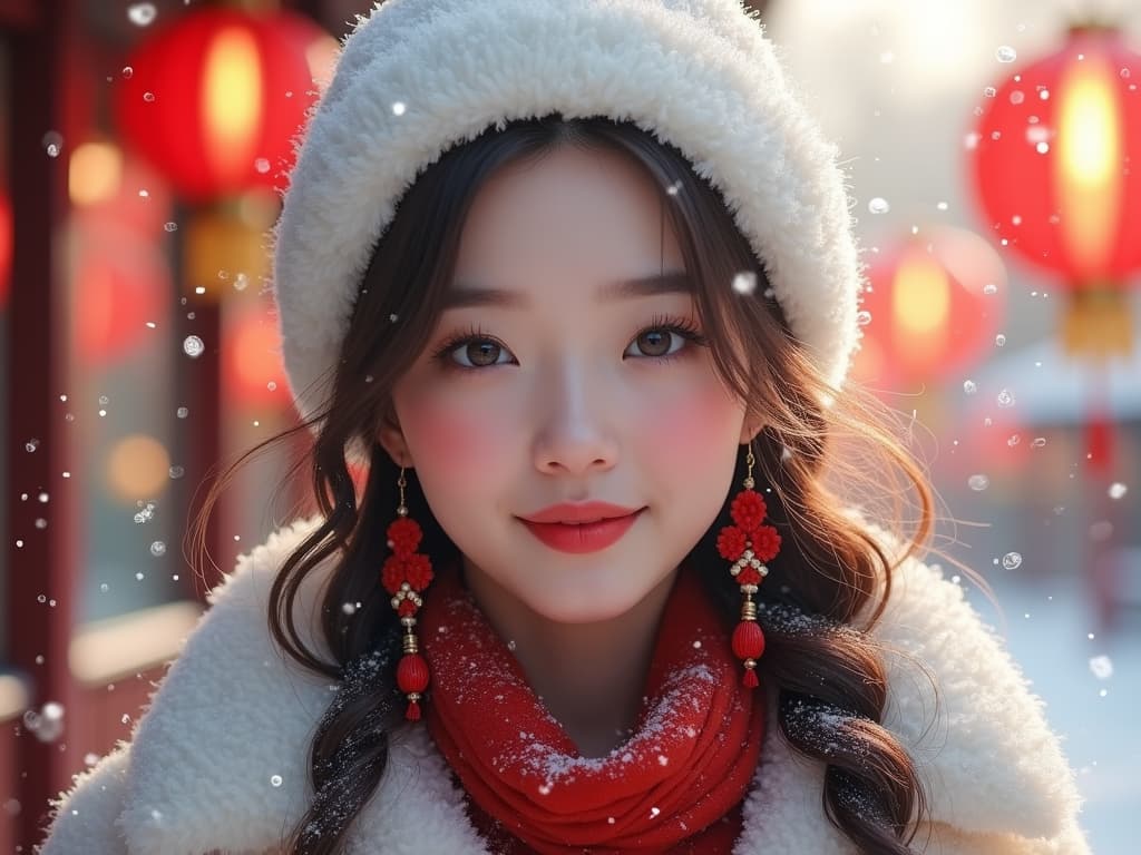  high definition, realistic portrait of a young woman with a soft and inviting expression. her eyes are large and full of light, highlighted with subtle makeup. her cheeks have a natural rosy flush, complementing her gentle smile. her hair, a cascade of wavy locks, is partially covered by a fluffy white hat, indicative of a chilly winter day. she wears elegant, traditional red earrings with intricate floral designs that dangle gracefully. the woman is dressed in a cozy, white winter garment that suggests warmth and comfort, with a hint of a red outfit underneath. snowflakes gently fall around her, adding to the serene winter atmosphere. red lanterns hang in the background, glowing softly amidst the snow, enhancing the festive mood. the overa hyperrealistic, full body, detailed clothing, highly detailed, cinematic lighting, stunningly beautiful, intricate, sharp focus, f/1. 8, 85mm, (centered image composition), (professionally color graded), ((bright soft diffused light)), volumetric fog, trending on instagram, trending on tumblr, HDR 4K, 8K