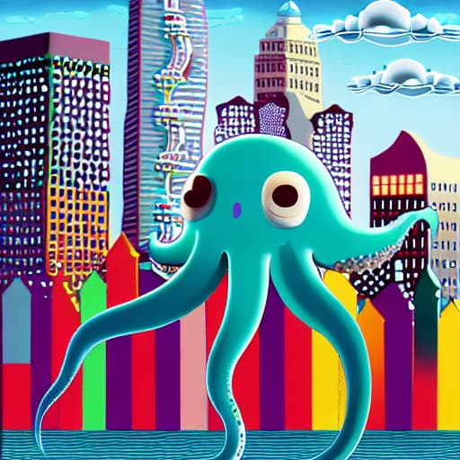  A digital art piece of a giant octopus made of jelly beans, attacking a city skyline