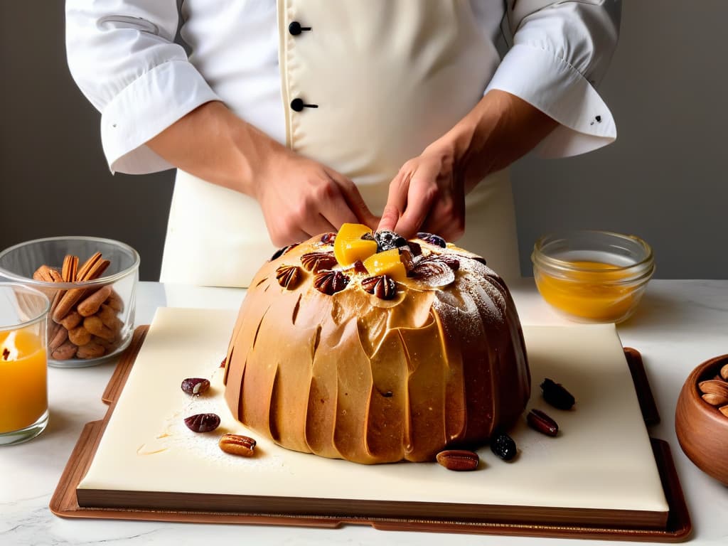  A minimalistic and highly detailed image of a baker's hands expertly kneading a soft, goldenbrown Panettone dough on a sleek marble countertop, with scattered ingredients like raisins and candied fruits in the background, captured from an upclose angle to showcase the intricate textures and craftsmanship involved in the art of Panettone making. hyperrealistic, full body, detailed clothing, highly detailed, cinematic lighting, stunningly beautiful, intricate, sharp focus, f/1. 8, 85mm, (centered image composition), (professionally color graded), ((bright soft diffused light)), volumetric fog, trending on instagram, trending on tumblr, HDR 4K, 8K