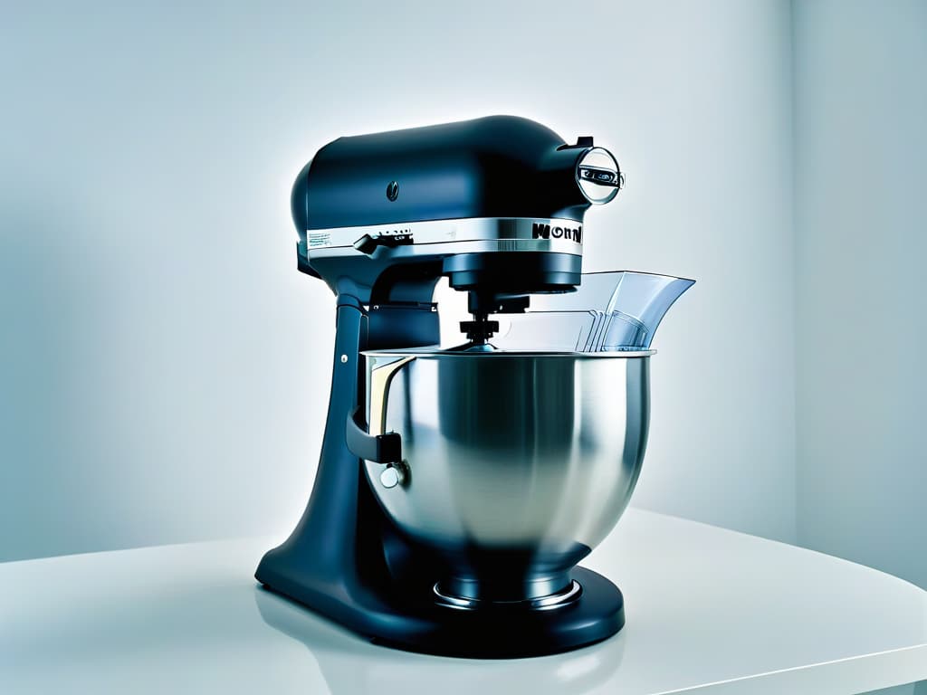  A closeup, ultradetailed photograph of a sleek, matte black stand mixer with a modern twist, showcasing intricate design details like a digital display, touchsensitive controls, and a futuristic silhouette against a neutral background. hyperrealistic, full body, detailed clothing, highly detailed, cinematic lighting, stunningly beautiful, intricate, sharp focus, f/1. 8, 85mm, (centered image composition), (professionally color graded), ((bright soft diffused light)), volumetric fog, trending on instagram, trending on tumblr, HDR 4K, 8K