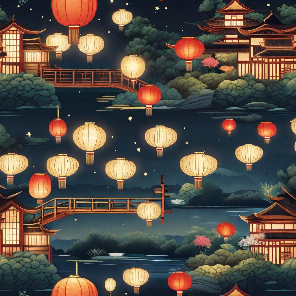  masterpiece, best quality, (Fidelity: 1.4), Best Quality, Masterpiece, Ultra High Resolution, 8k resolution, A night view inspired by Japanese art, featuring a garden illuminated by paper lanterns and a wooden bridge spanning a tranquil lake, by the lakeside, there is a small Zen temple. The water reflects the starry sky.