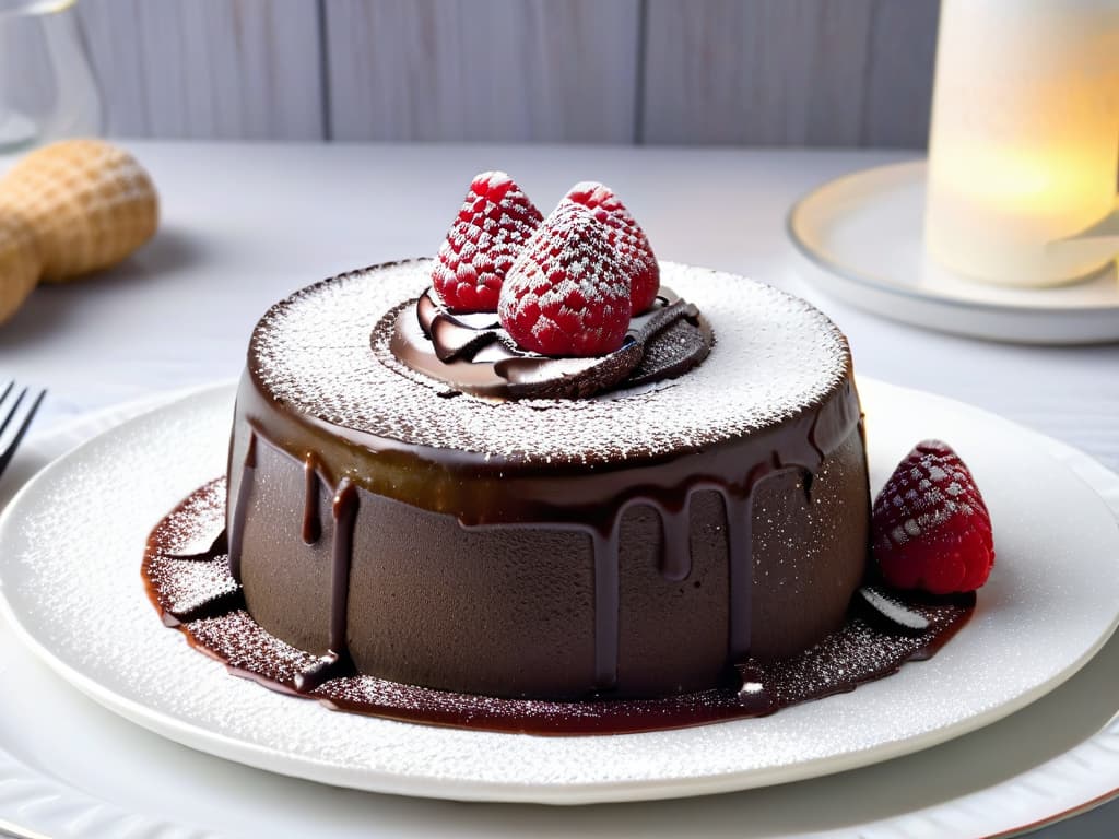  A closeup, ultradetailed image of a decadent chocolate lava cake dusted with powdered sugar, served on a sleek, modern white plate with a drizzle of raspberry coulis elegantly cascading down the side. The rich, gooey center oozes out invitingly, showcasing the perfect balance between sweetness and bitterness, while the glossy sheen of the dessert reflects a soft, ambient light, creating a visually striking and mouthwatering composition. hyperrealistic, full body, detailed clothing, highly detailed, cinematic lighting, stunningly beautiful, intricate, sharp focus, f/1. 8, 85mm, (centered image composition), (professionally color graded), ((bright soft diffused light)), volumetric fog, trending on instagram, trending on tumblr, HDR 4K, 8K